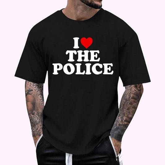 I Love The Police - Heart T-Shirt - Men's Regular Fit Letter Graphic Round Neck Tee, Casual Short Sleeve, Crew Neck Shirt for Summer, Fashion Men's Top for daily Wear, Graphic Tees