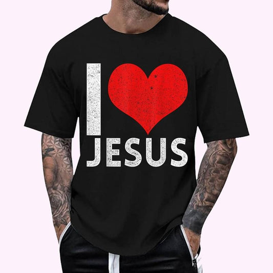 I Love (Red Heart) Jesus T-Shirt - Men's Regular Fit Letter Graphic Round Neck Tee, Casual Short Sleeve, Crew Neck Shirt for Summer, Fashion Men's Top for daily Wear, Graphic Tees