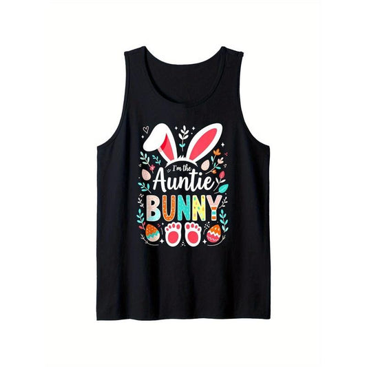 I'M The Auntie Bunny Happy Easter Day Matching Family Party Tank Top, 100% Cotton, Single-Sided Printing, Holiday Casual Black Short-Sleeved Vest, Gift for Yourself, Family And Friends, S-XXXL, 1pc, Fabric Weight 180G