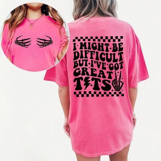 I Might Be Difficult Shirt, Funny Shirt For Women, Retro Groovy Graphic T-shirt, Casual Basic Tops For Lady, Cotton Fabric Relaxed Fit Chic Style