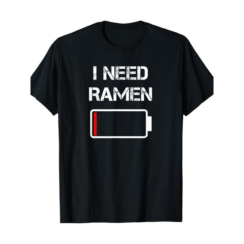 I Need Ramen Graphic T-Shirt, 100% Cotton, Crew Neck, Short Sleeve, Regular Fit, with Slight Stretch, Geometric Pattern, Digital Print,for Casual, All-Season Tee Made in USA