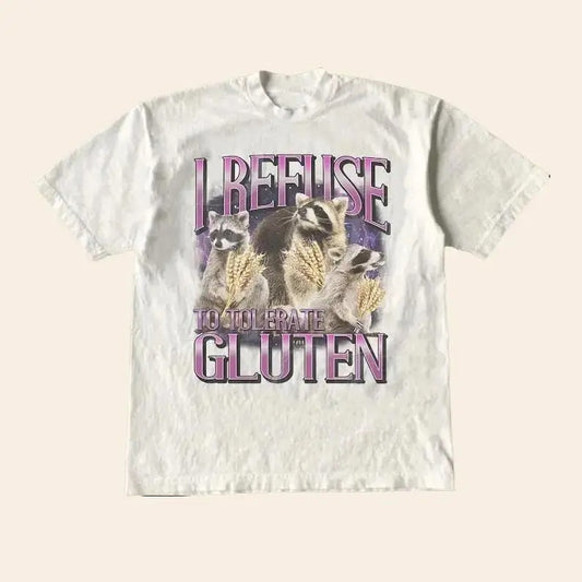 I Refuse To Tolerate Gluten Graphic Shirt, Unisex Funny Retro Raccoon Shirt, Funny Meme Tee, Vintage Style Cotton Tee, Gluten Shirt, Streetwear