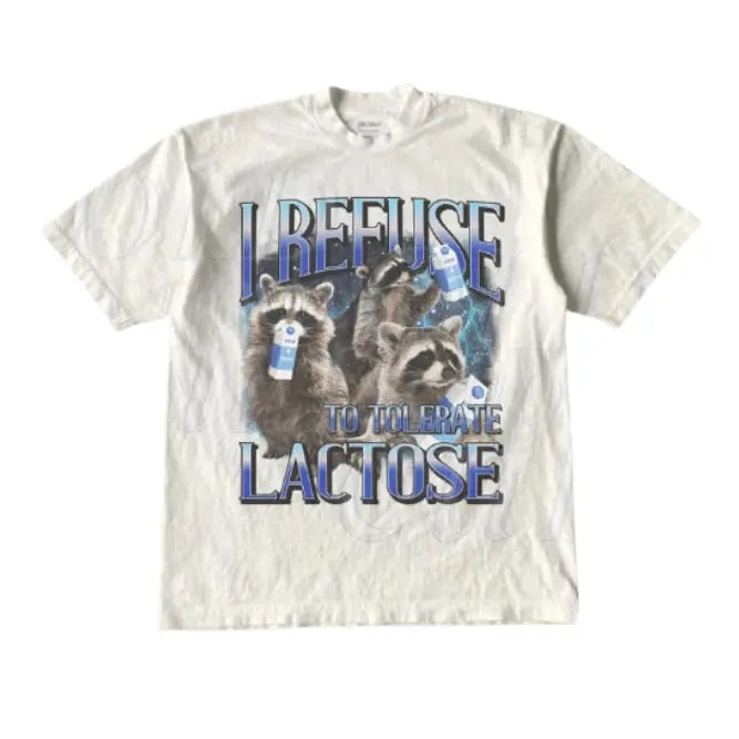 I Refuse To Tolerate Lactose Vintage Graphic Tee, Retro Funny Raccoon Lactose T-Shirt, Funny 90s Tee, Relaxed Soft Cotton Shirt, Milk Joke Shirts