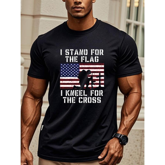 I Stand For The Flag I Kneel For The Cross Weekend Casual T Shirts For Men Graphic Tee Stylish Crew Neck Soft 100% Cotton Funny Black Mens Running Going Out Breathable Four Seasons Moisture-Wicking Quick-Dry Made in USA