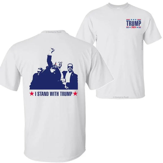 I Stand with Trump Shirt, Praying for President Trump Shirt, Bloodied Trump Fist Pumps, Trump Shirts 2024, Double Sided Graphic Printed Unisex Classic Comfort Cotton T-Shirts in all Sizes all Colors for Men and for Women