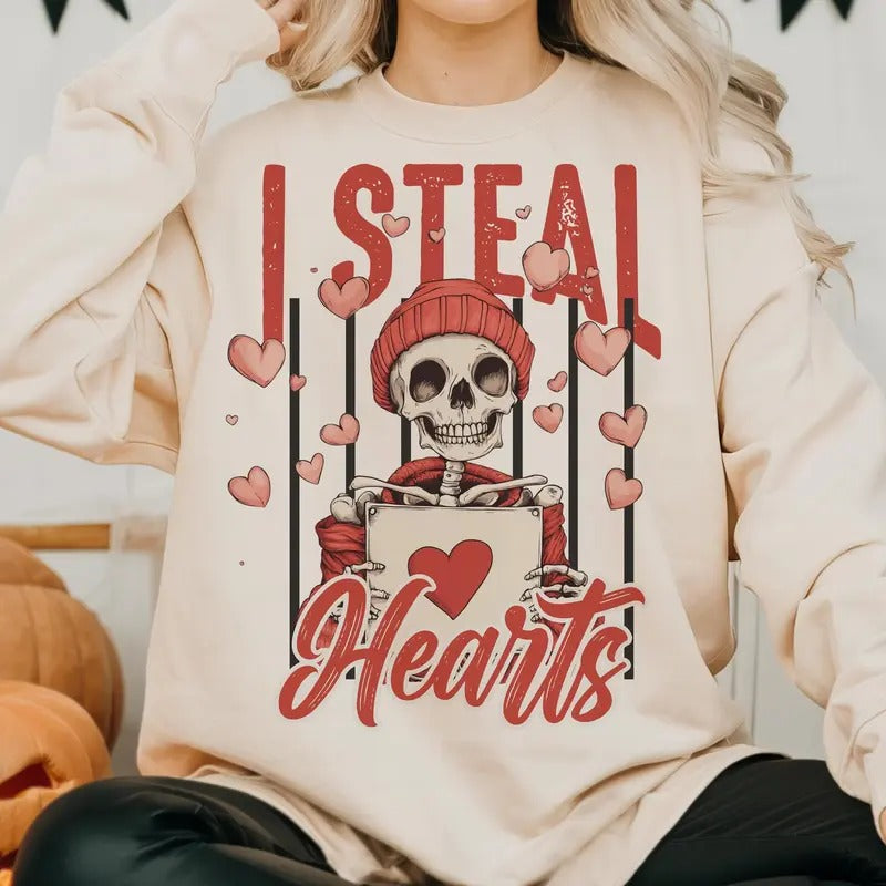 I Steal Hearts Skeleton Sweatshirt, Valentine Sweatshirt, Love Sweatshirt, Valentine Sweatshirt, Valentine day Sweatshirt, Retro Valentine Sweatshirt