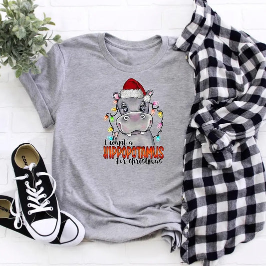 I Want A Hippopotamus For Christmas Shirt, Hippo Christmas Lights Sweatshirt, Xmas Party Shirt, Family Christmas Shirt Casual Cotton Fabric Jersey