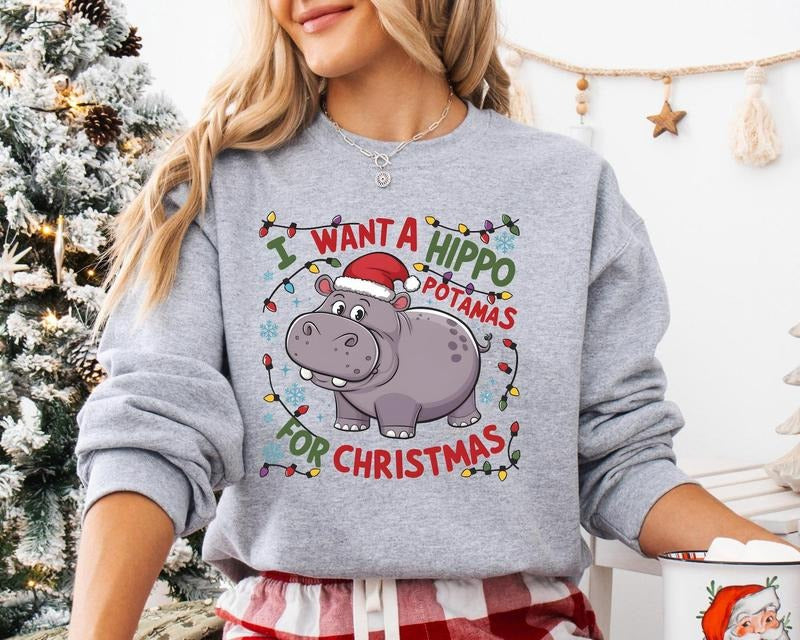 I Want A Hippopotamus For Christmas Sweatshirt, Hippo Christmas Lights Sweater, Christmas Hippopotamus Sweater, Cute Christmas Sweatshirt