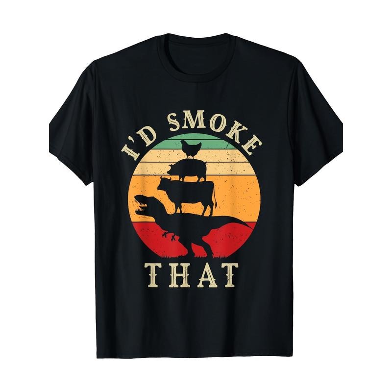 I'd Smoke That Funny BBQ Vintage Meat Smoker Grill Dinosaur T-Shirt 100%Cotton - 220g made in usa