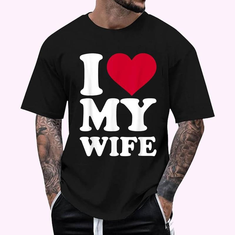 I love (Red Heart) my wife Graphic Design T-Shirt - Men's Regular Fit Letter Graphic Round Neck Tee, Casual Short Sleeve, Crew Neck Shirt for Summer, Fashion Men's Top for daily Wear, Graphic Tees