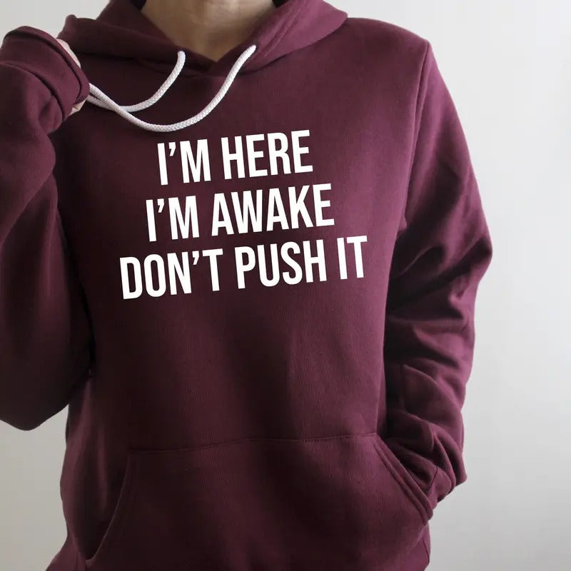I'm Here I'm Awake Don't Push It Sweatshirt, Sarcastic Hoodie, Funny Gift Idea Sarcasm, Funny Saying T Shirt, Unisex Crewneck Pullover Tee, Classic Streetwear