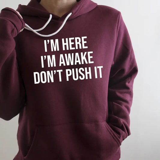 I'm Here I'm Awake Don't Push It Sweatshirt, Sarcastic Hoodie, Funny Gift Idea Sarcasm, Funny Saying T Shirt, Unisex Crewneck Pullover Tee, Classic Streetwear
