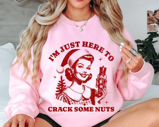 I'm Just Here to Crack Some Nuts Christmas Crewneck Sweatshirt - Funny Holiday Graphic Xmas Softstyle Unisex Crewneck