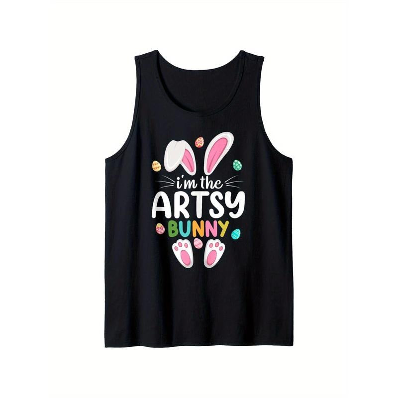 I'm The Artsy Bunny Matching Family Easter Tank Top, 100% Cotton, Single-Side Printed Black Sleeveless Tank Top, Happy Easter Gift for Family Friends, XS-XXL, 1pc, Fabric Weight 180g
