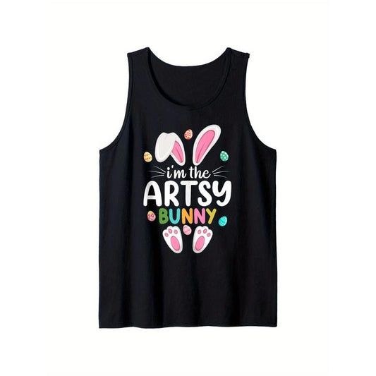 I'm The Artsy Bunny Matching Family Easter Tank Top, 100% Cotton, Single-Side Printed Black Sleeveless Tank Top, Happy Easter Gift for Family Friends, XS-XXL, 1pc, Fabric Weight 180g