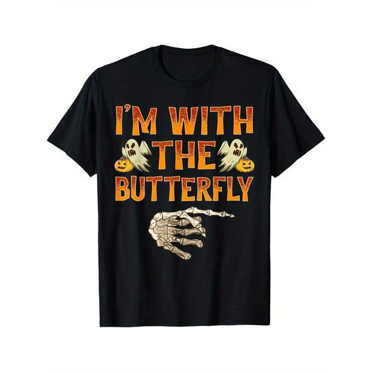 I'm With The Butterfly Shirt Costume Funny Halloween Couple T-shirt Comfortable, Casual Short Sleeve, Daily Wear, All Season, Black, Men Made in USA