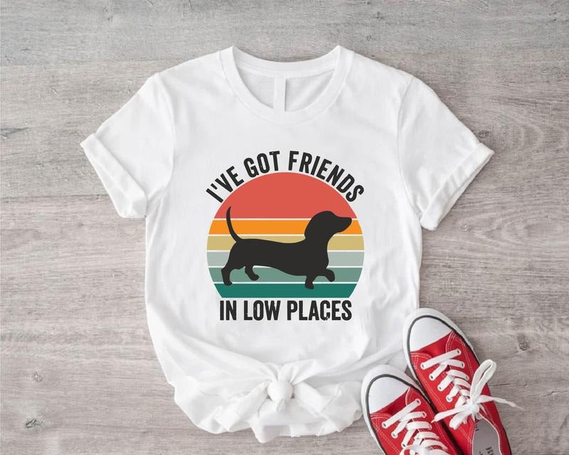 I've Got Friends In Low Places T-shirt, Funny Dog Saying Tee, Retro Vintage Dachshund Short Sleeve, Dog Lover Gift Tee, Pet Owner T-shirt.