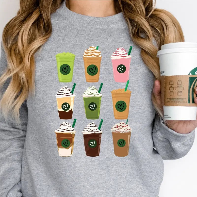 Iced Coffee Sweatshirt, Coffee Lover Hoodie, Trendy Coffee latte Sweater, Unisex Coffee Cups Long Sleeve, Iced Coffee Addict Gift Sweatshirt.