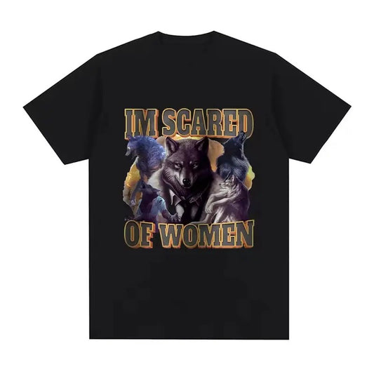 Im Scared Of Women Funny Wolf Meme Vintage Graphic Tee, Men Women Fashion Vintage T-shirt Casual Cotton Cozy Short Sleeve Oversized T-shirts Menswear