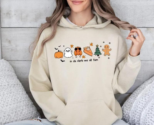 In Da Clerb We All Fam Shirt, Christmas Thanksgiving Sweatshirt, Funny Turkey, Gingerbread, Pumpkin, Xmas Tree Hoodie, Unisex Sweater Pullover Tee