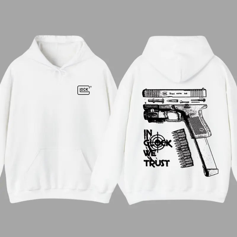 In GLock We Trust Hoodie - Glock Hoodie - Full Color Double Sided - Men's & Women's Classic Fit Long Sleeve Hoodie -  Fleece Kangaroo Fleece Kangaroo