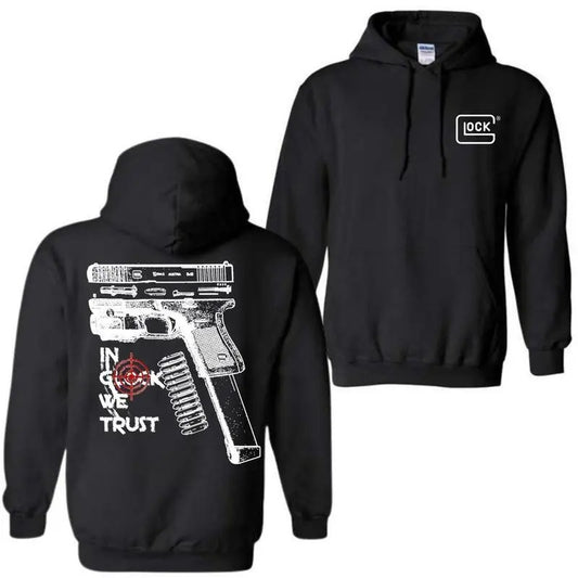 In Glock We Trust Standard size Black Hoodie with Multicolor Design for Men and Women - Classic Fit - Menswear