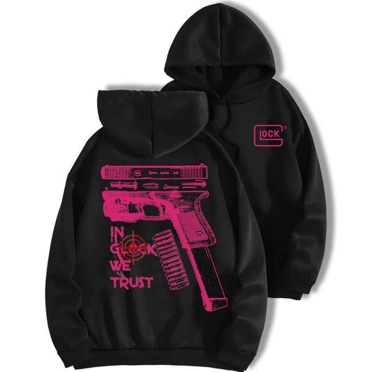 In Glock We Trust Standard size Black Hoodie with Multicolor Design for Men and Women Classic Fit Menswear, Casual Top for Unisex