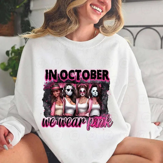 In October We Wear Pink Breast Cancer Awareness Shirt, Pink Movies Halloween Characters Breast Cancer Month Halloween Tshirt Funny Halloween Characters Tshirt