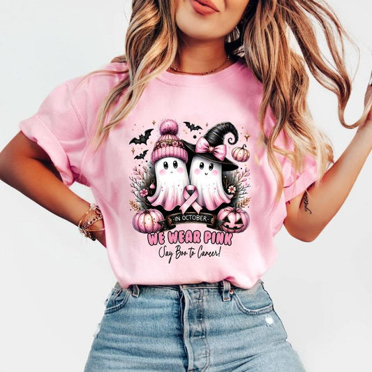 In October We Wear Pink Say Boo To Cancer T-Shirt - Breast Cancer Awareness Graphic Tee, Halloween Ghost Pumpkin Spooky Season Unisex Cotton T-shirt for Women, Womenswear Menswear Top