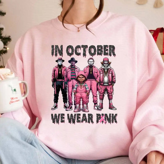 In October We Wear Pink Shirt, Michael Myers Pennywise Halloween Characters Breast Cancer Awareness Breast Cancer Month Halloween Shirt, Funny Halloween Characters Shirt