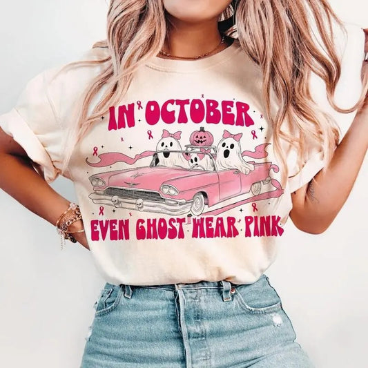 In October We Wear Pink Sweashirt, Breast Cancer Crewneck Shirt, Breast Cancer Awareness Hoodie , Cancer Support Shirt, Breast Cancer Month, Halloween Ghost Tee, Unisex Classic Cotton Tee with Graphic  in All Sizes, For Men, For Women Sweatshirt