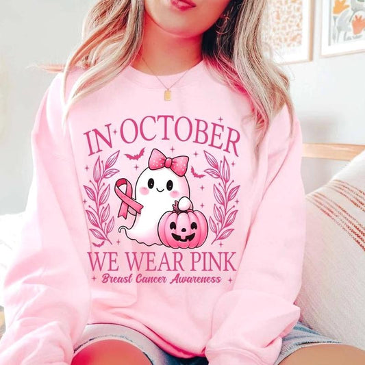 In October We Wear Pink Sweatshirt, Retro Breast Cancer Awareness Sweatshirt, Halloween Pink Ghost Sweatshirt, Breast Cancer Halloween Clothing Unisex