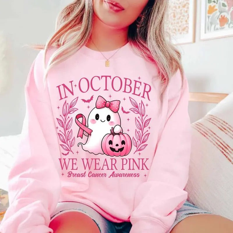 In October We Wear Pink Sweatshirt, Retro Breast Cancer Awareness T-Shirt, Halloween Pink Ghost Sweatshirt, Breast Cancer Halloween Shirt, For Men, For Women