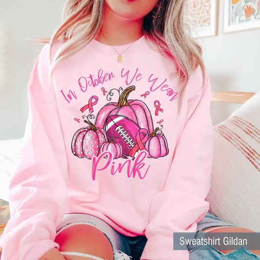 In October We Wear Pink Sweatshirt,Retro Pumpkin Football Shirt,Breast Cancer Awareness Fighter Shirt,Coquette Pink Bow Ribbon Breast Cancer