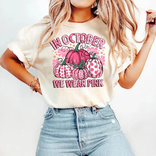 In October We Wear Pink T-shirt, Pink Pumpkin Shirt, Breast Cancer Awareness Tee Comfort Fabric