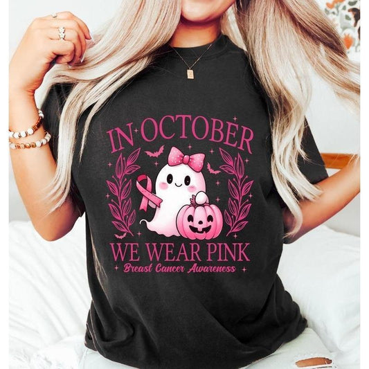 In October We WearShirt, Retro Breast Cancer Awareness T-Shirt, Halloween Pink Ghost Sweatshirt, Breast Cancer Halloween Clothing Unisex