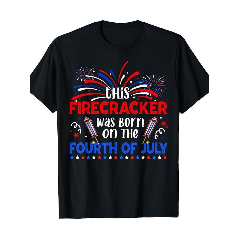 Independence Day Firecracker Graphic Tee, 100% Cotton, Regular Fit, Crew Neck, Short Sleeve, with Slight Stretch, Geometric Pattern, for All-Season Casual Pullover Made in USA