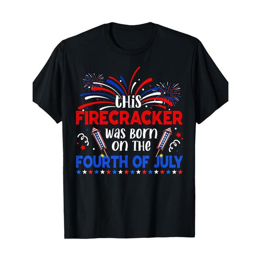 Independence Day Firecracker Graphic Tee, 100% Cotton, Regular Fit, Crew Neck, Short Sleeve, with Slight Stretch, Geometric Pattern, for All-Season Casual Pullover Made in USA