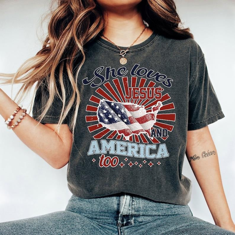Independence Day Shirt, 4th of July Christian Shirt, She Loves Jesus And America Too Shirt, America Retro Shirt, Usa Shirt, USA Flag Hoodie, T-shirt and sweater