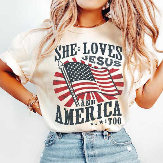 Independence Day Tee Shirt, Christian Shirt, 4th Of July Shirt, She Loves Jesus And America Too Shirt, America Retro Shirt, Usa Flag, Unisex T-Shirt, Gifts For Men Women, Short Sleeve Tee Shirt, Gifts For Birthday