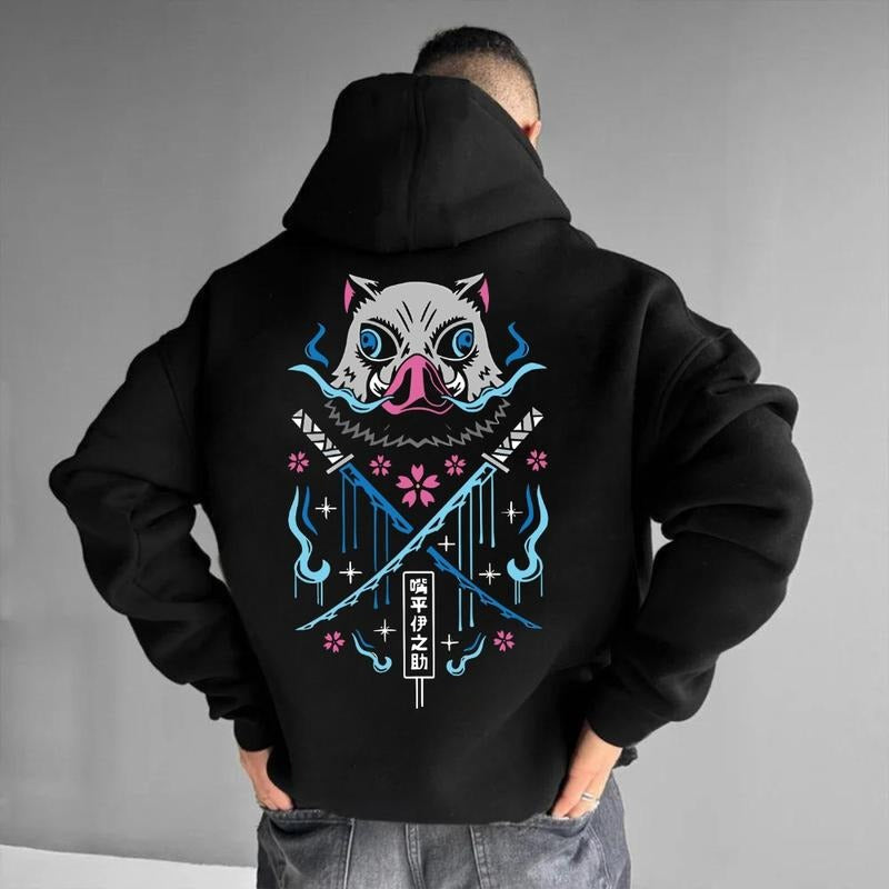 Inosuke Demon Slayer Hoodie - 90s Style, Black with Graphic Design Tee, Kimetsu no Yaiba Tee, Ideal for Fans and Anime Lovers - Classic