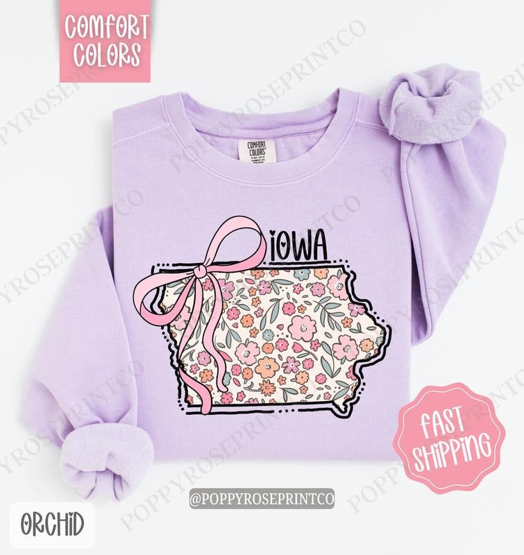 Iowa Floral Comfort Colors Sweatshirt, Iowa Sweatshirt, Cute Bow Iowa Sweatshirt