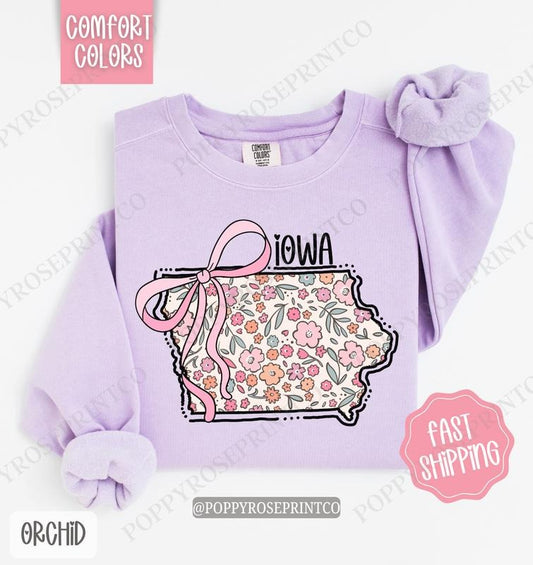 Iowa Floral Comfort Colors Sweatshirt, Iowa Sweatshirt, Cute Bow Iowa Sweatshirt