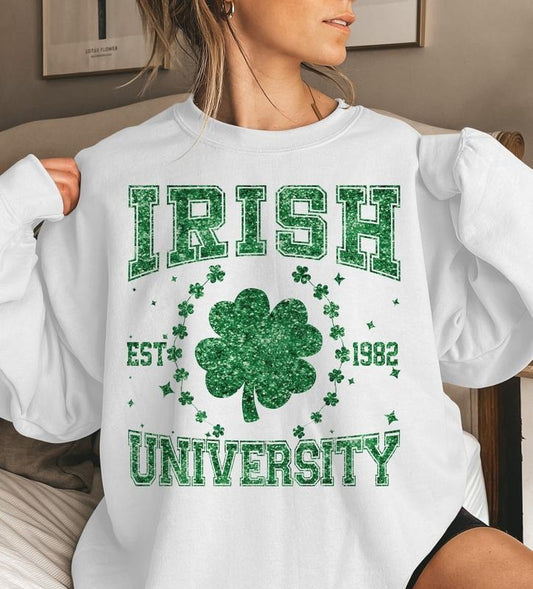 Irish University St Patty's Faux Embroidery Green Day St Patricks Day Green Glitter Shamrock Retro St Patricks Day