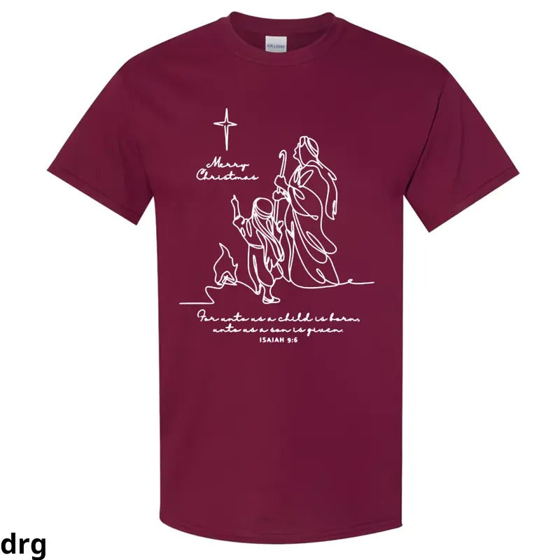 Isaiah 9:6 Christmas T-Shirt, Minimalist Nativity Line Art Design, Religious Holiday Tee with Bible Verse, Comfortable and Inspirational Christian