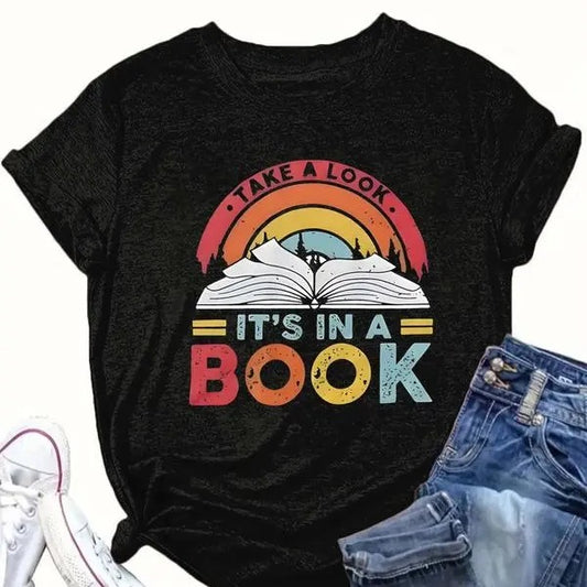 It's In A Book Shirt, Book & Letter Print Round Neck Tee, Book Sweatshirt, Women Tops  Comfort Cotton