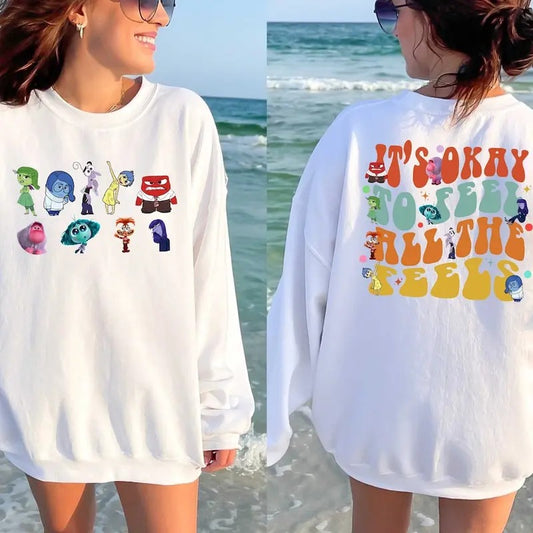 It's Okay Sweatshirt - White Casual Sweatshirt with Colorful Graphic Design, Featuring Various Characters, Ideal for Women's Wear