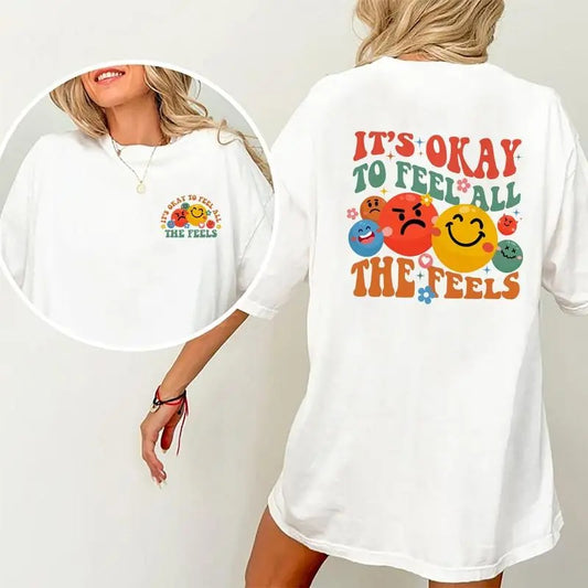 It's Okay To Feel All The Feels Shirt, Mental Health Awareness Tee, Mental Health T-shirt, Speech Therapy Women Graphic Printed Short Sleeve T-shirt, Cotton Fabric Comfort Shirt For Women, Women's Tops, Womenswear Cotton Fabric, gift for friends