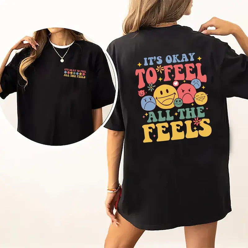 It's Okay To Feel All The Feels Shirt, Mental Health T-shirt, Mental Health Awareness Tee, Speech Therapy Women Graphic Printed Short Sleeve T-shirt, Cotton Fabric Comfort Shirt For Women, Women's Tops, Cotton Fabric Relaxed Fit Chic Style it okay