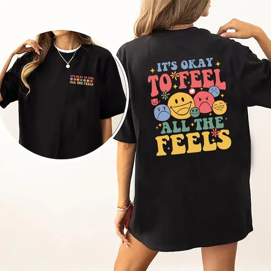 It's Okay To Feel All The Feels Shirt, Mental Health T-shirt, Mental Health Awareness Tee, Speech Therapy Women Graphic Printed Short Sleeve T-shirt, Cotton Fabric Comfort Shirt For Women, Women's Tops, Cotton Fabric Relaxed Fit Chic Style it okay